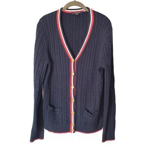 Brooks Brothers Cardigan Tennis Sweater Womens XL Navy Cotton Cable Knit *Pls Rd